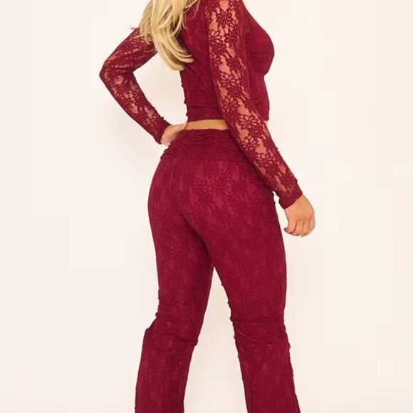 Fold Over Waistband Stud Detail Flared Leg Trousers In Burgundy Lace - Picture 4 of 4